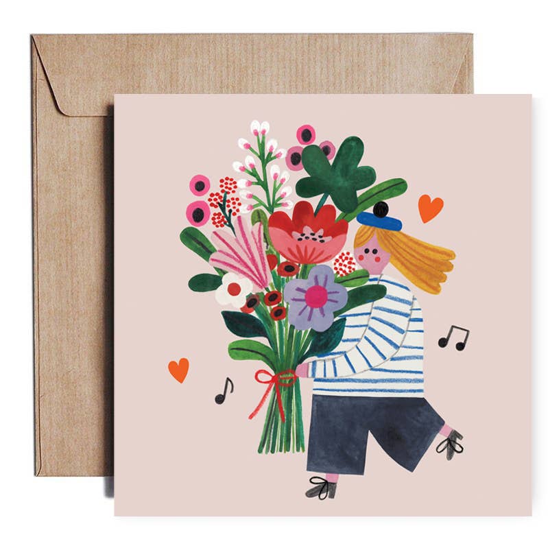 Beret Girl With Flower Bouquet Card