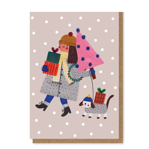 Christmas Girl Walking Dog Card
