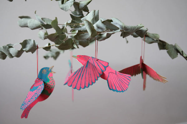 Festive Paper Hanging Birds, Set of 4