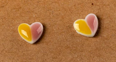 Heart Duotone Ceramic Stud Earrings, pink & yellow