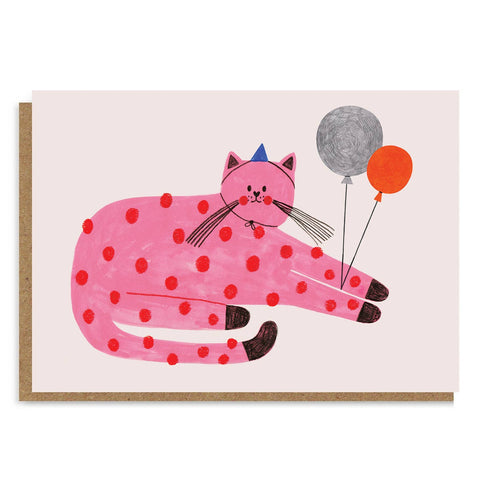 Pink Party Cat With Balloons Card