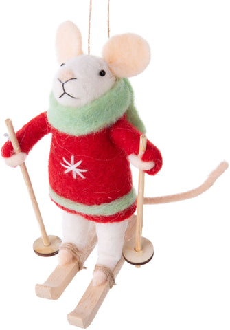 Felt Mouse Skier In Sweater & Scarf Ornament