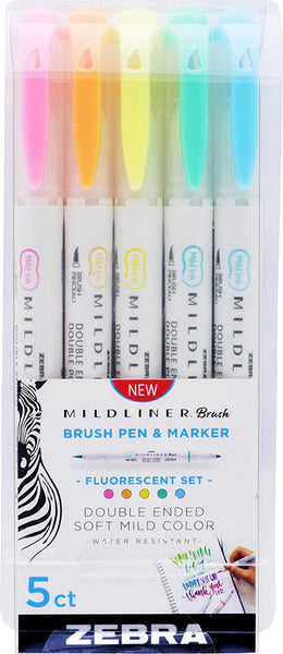 Mildliner Double Ended Brush Pen, Set of 5, Fluorescent
