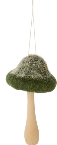 Felted Green Glitter Mushroom Ornament